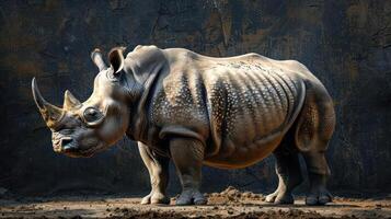 A life-sized model of a rhinoceros in a zoo setting. photo