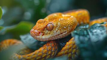 A coral snake resting on a leaf with a close-up view of its face, focusing on the eye and mouth. photo