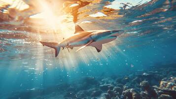 Underwater view of a shark swimming in clear blue waters. photo