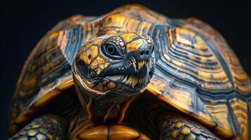 A close-up of a tortoise's head with intricate patterns and textures. photo