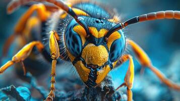 A close-up photograph of a bee showing detailed colors of the wings, thorax, and antennae. photo