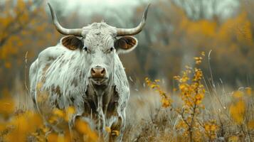 a longhorn steer in the midst of autumn. The bull, which appears to be well cared for and shiny, photo