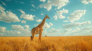 A giraffe stands alone in a vast, open field under a sky filled with wispy clouds. photo