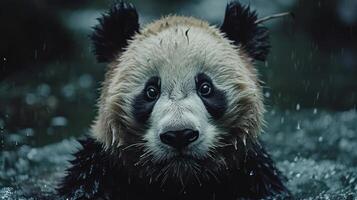 Adorable panda bear looking up at the rain, seemingly unperturbed. photo