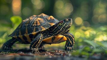 A single turtle, adorned with a vibrant pattern of yellow and orange stripes on its shell, photo