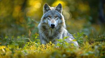 A wolf sits in a forest setting, surrounded by vibrant foliage and golden sunlight. photo