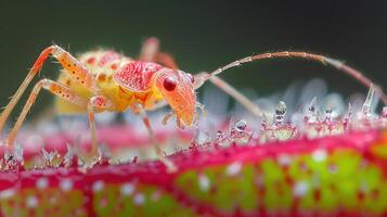 A vibrant pink bug exploring the flower, surrounded by a dense cluster of petals. photo