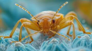 A close-up of a yellowish bug with numerous legs and antennae. It has a dome-like head, round body, photo