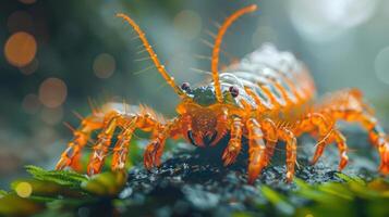 A vividly colored image of a large, multi-legged arachnid with red exoskeleton, photo