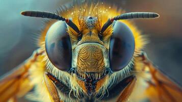 A close-up photo of a honey bee, showcasing its distinctive features and markings.