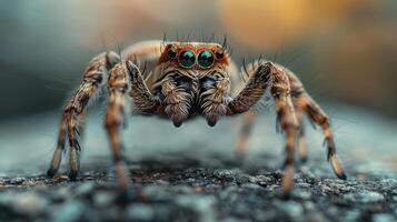 A close-up photograph of a spider sitting on a rock with a blurred background, photo