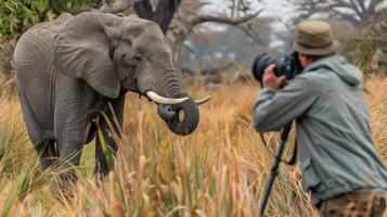 Two men with cameras are capturing a moment of two majestic gray elephants walking across a grassy f photo