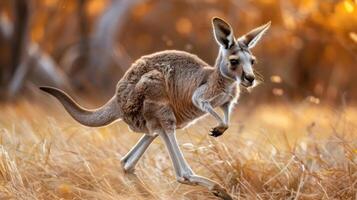 a captivating image of an alert kangaroo leaping and sprinting through a field, photo