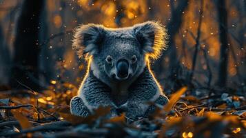 A small koala cub is seen in a forest with glowing orbs of light surrounding it. photo