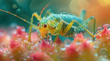 A vibrant and detailed close-up image of a colorful insect, possibly a leaf bug, photo