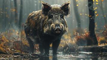 A wild boar in a forest setting, walking through the woods and near a pond. photo