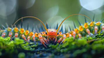 A vibrant close-up view reveals the stunning details of a rainbow scarab beetle and its pollinating photo