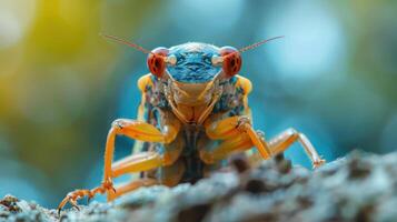 A close-up photograph of a beetle with its wings extended and vibrant orange legs. photo
