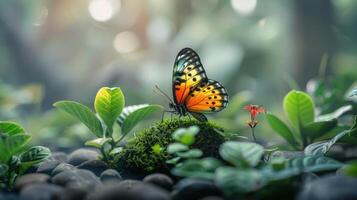 Butterfly in a mossy, forested ground setting with a clear, bright sky. photo