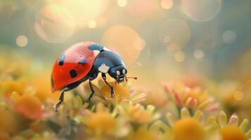 Beautiful, vividly colored close-up of a ladybug landing on a cluster of yellow flowers, photo
