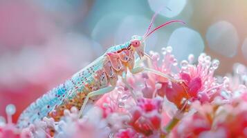 A close-up photo of a dragonfly perched among pink flower petals,