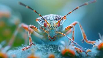 A close up photograph of a colorful bug on a green surface. photo
