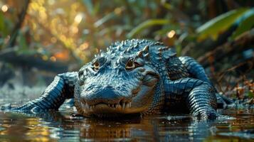 a captivating scene from the Amazon rainforest where a crocodile rests on the bank of a river, photo