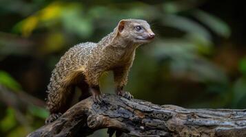 an image of a squirrel perched on a limb in what appears to be the forest. photo