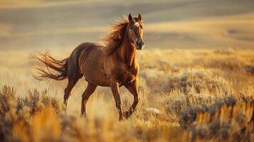 A free-roaming horse gallops through a field of tall grass under the golden glow of a setting sun, photo