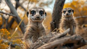 Adorable photo of two small meerkat pups standing on a grassy plain,