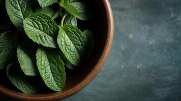 Bowl of fresh mint leaves. Bowl is wood placed on gray surface. photo