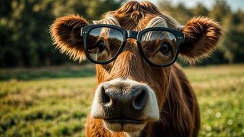 Cow with glasses on is standing in grassy field. photo