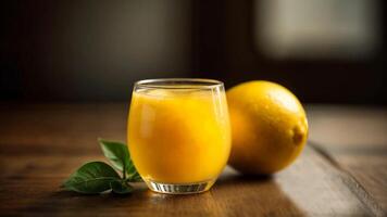 Glass of yellow lemon juice with lemon on wooden table. photo
