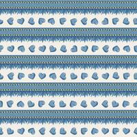 Monochrome blue denim pattern with small hearts. Horizontal jeans texture stirpes with fringe, topstitching. Groovy, hippie, naive style for apparel, fabric, textile, design vector