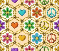 Seamless pattern with chamomile flower, heart, peace sign, beads, emoji. Hexagonal geometric grid. Peaceful, positive background in groovy, hippie style. vector