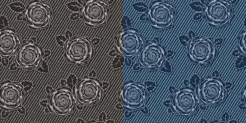Denim floral seamless patterns with roses flower on blue, gray jeans texture. Monochrome inverted negative illustration in engraved style