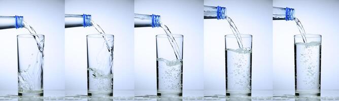 Sequence of Water Being Poured into a Glass from a Bottle in Five Stages on a White Background photo