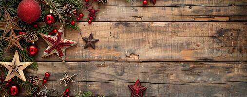 Rustic Christmas Decorations on Wooden Background Holiday Design for Cards, Posters, and Prints photo