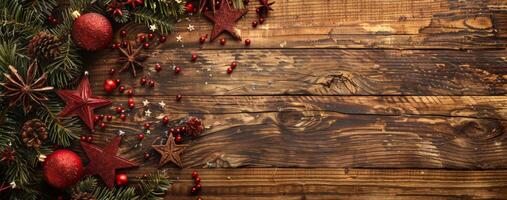 Rustic Christmas Decorations on Wooden Background for Festive Design, Card, or Poster photo