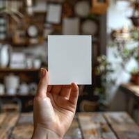 Person Holding Blank Square Card Mockup in Cozy Living Room with Plants and Decor in Background. photo