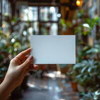 Hand Holding Blank White Card Mockup in Lush Indoor Plant-Filled Room with Natural Light. photo