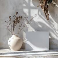 Minimalist Ceramic Vase and Blank Card Mockup on Wooden Table in Sunlit Room. photo