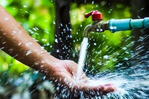 Refreshing Splash of Water from Outdoor Faucet with Hand in Focus on a Bright Sunny Day photo