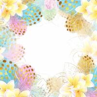 Square frame of tropical frangipania flowers and colorful feathers. Template for design. Romantic, exotic style. vector
