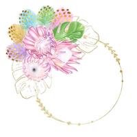 Golden round frame with watercolor pink protea flowers, monstera tropical leaves, colorful feathers with golden elements. Luxury design. Template for creating invitations. vector