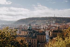 Panoramic view of a city with autumn foliage in Letna Park in Prague photo