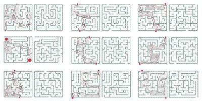 Labyrinth game. Square maze with correct solutions. vector