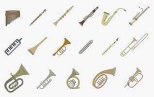 A set of wind musical instruments. Colored wind musical instruments with the title. vector
