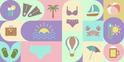 Summer time collection. Colored summer icons in geometric Scandinavian shapes. vector