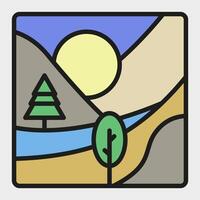 Color abstraction of a mountain landscape with a stroke line. The sun over the river and mountains. vector